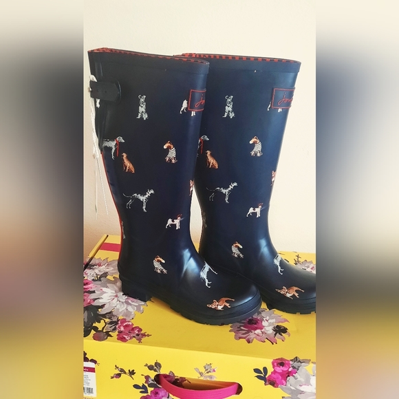 NWT Joules Womens Tall Rain Boots, French Navy Dogs, Size 6 - Picture 2 of 10